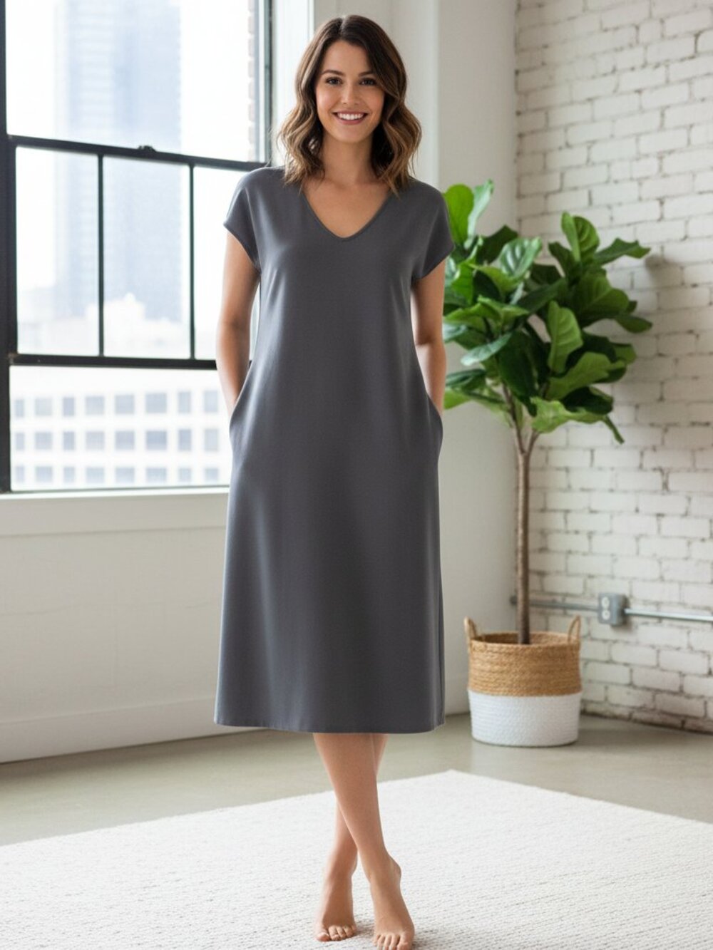 Nordstrom Rack V Neck Midi Shift Dress NWT Gray Medium Cap Sleeve Stretch Sheath